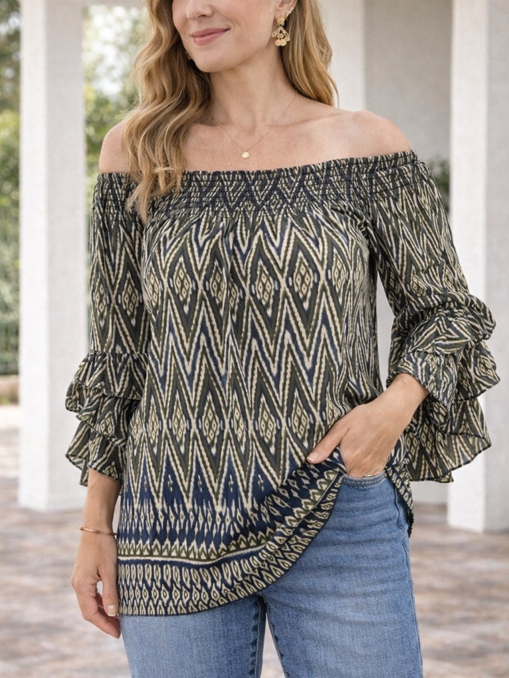 Boho Off Shoulder Blouse Olive Green Cream Geometric Print Ruffle Sleeve‎ Top L